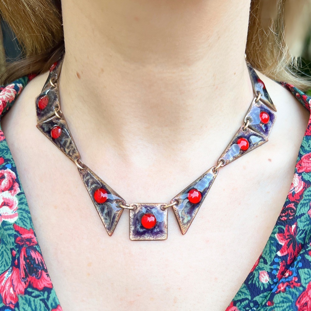 Limoges 1950s Brown Enamel and Red Glass Vintage Necklace